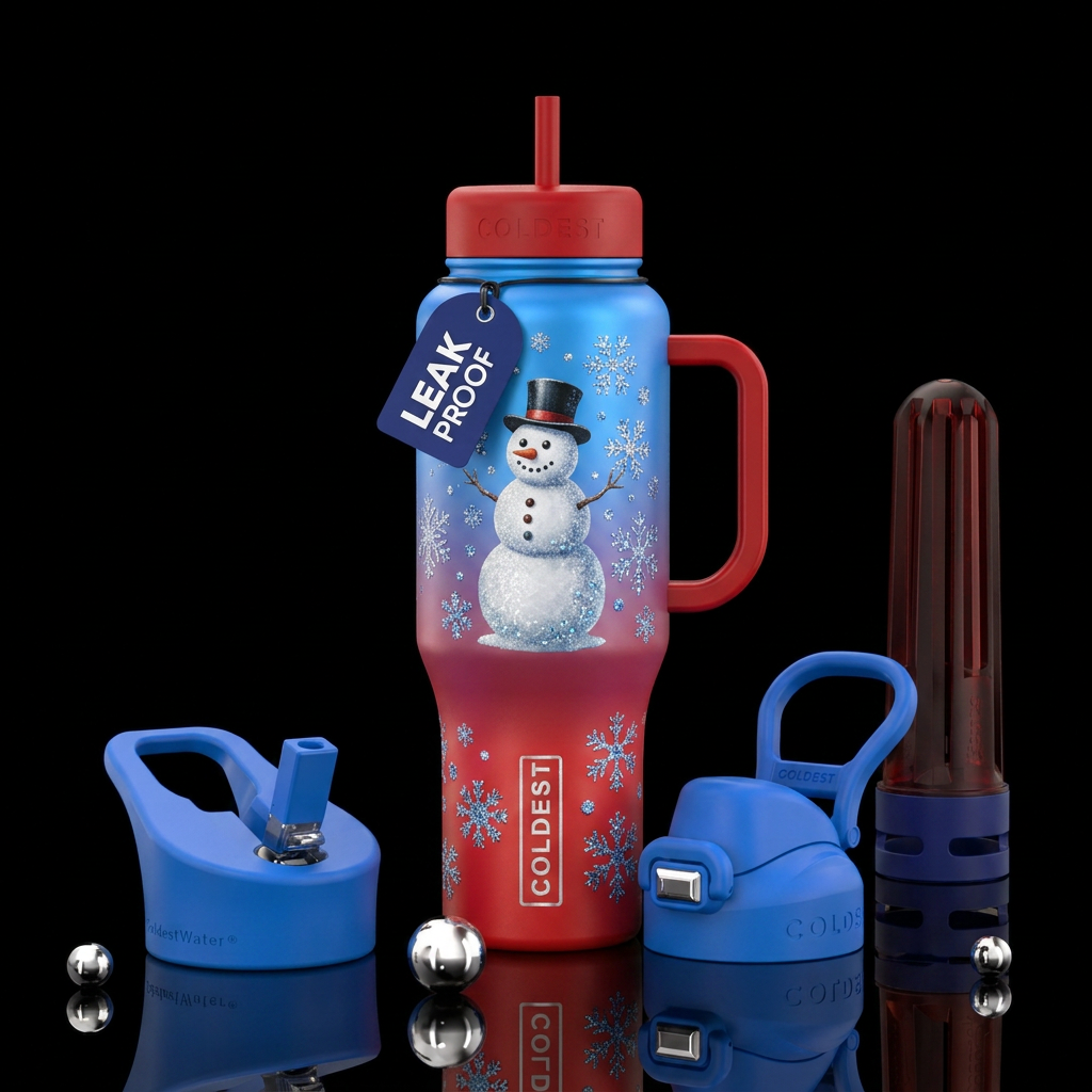 Blue & Red ombre w/ a snowman &white sparkly snowf... water bottle design