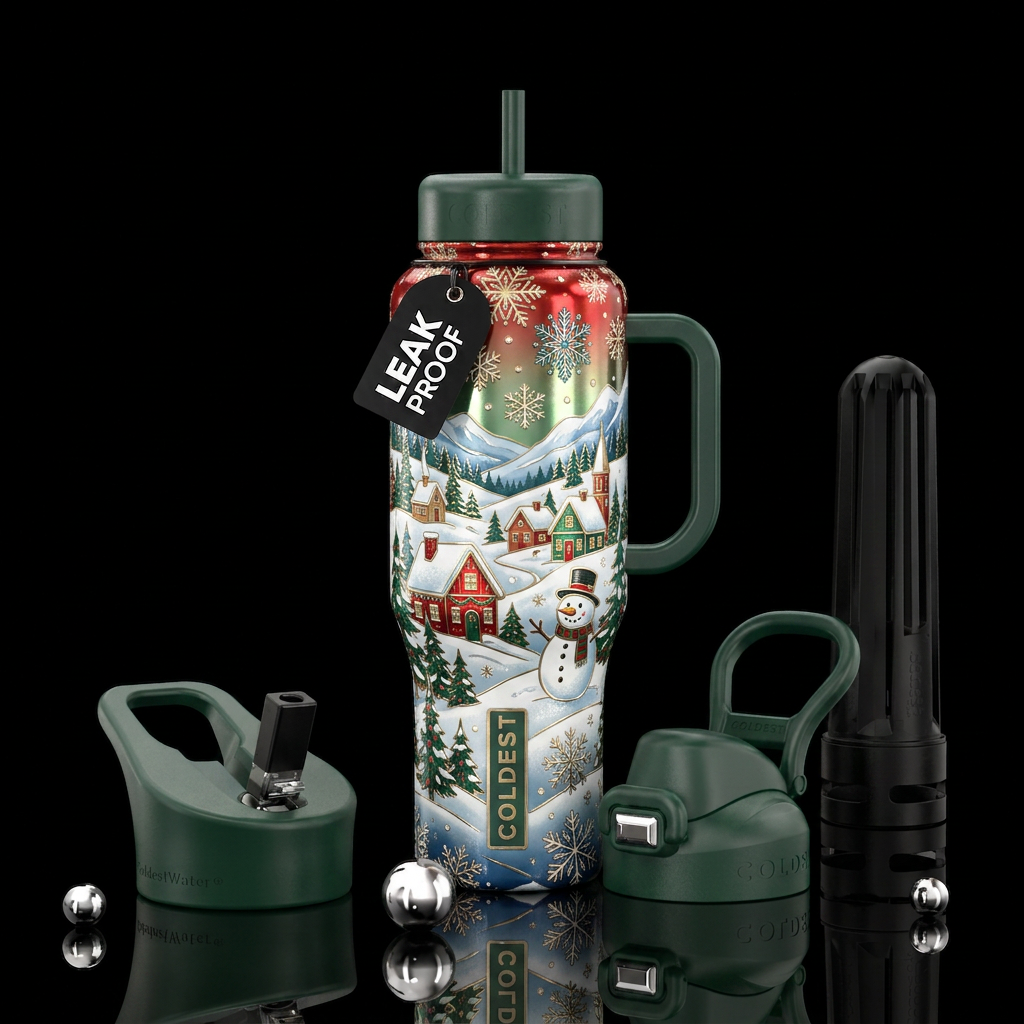 Christmas valley, snowman,  snowflakes, shiny water bottle design