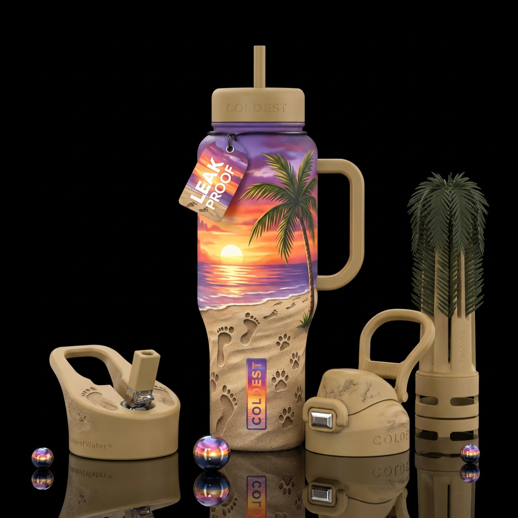 Foot prints & Paw Prints, sand, beach, palm tree, ... water bottle design