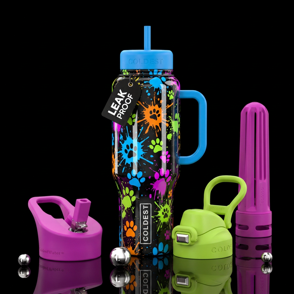 Spatter dog & paws, dripping, shiny water bottle design