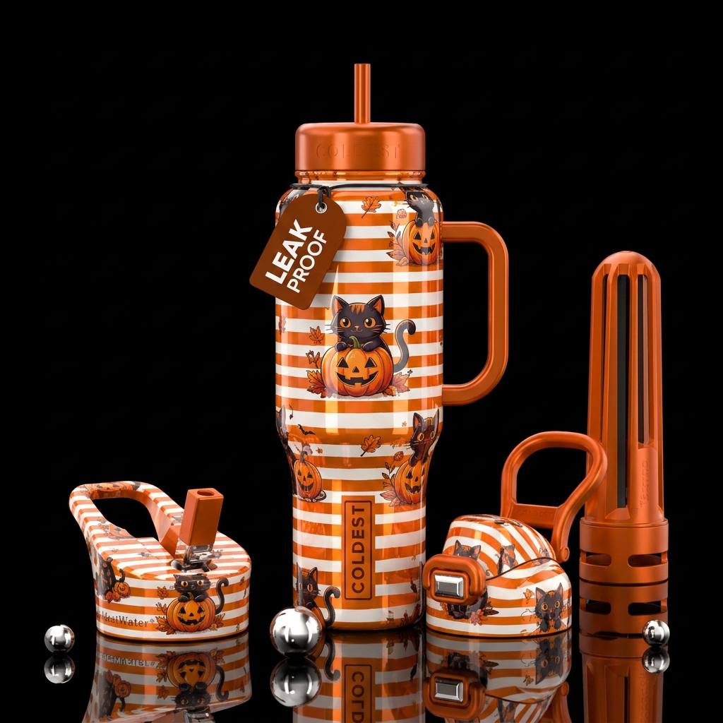 Orange and white horizontal, A Pumpkin & cat, shin... water bottle design