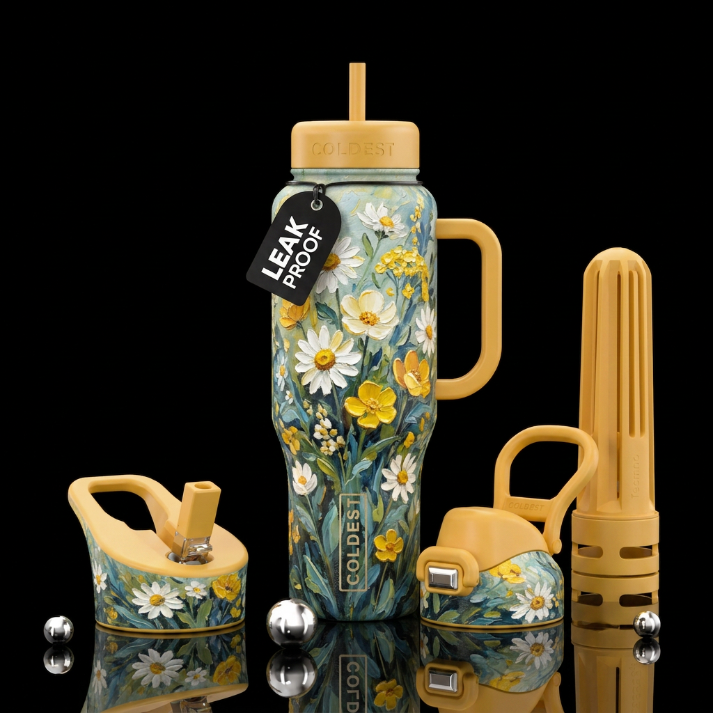 Oil painted white & yellow flowers & floral water bottle design