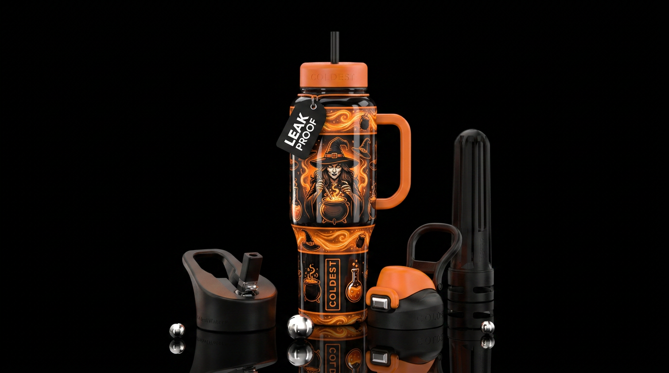 Orange & black horizontal, witch,making potion  sh... water bottle design