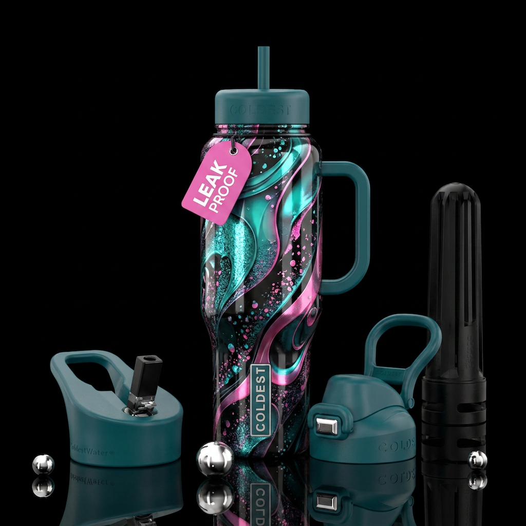 Shiny teal & Pink on black, textured water bottle design