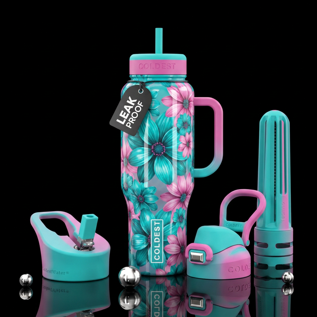 Shiny Teal & Pink Flowers on black, water bottle design