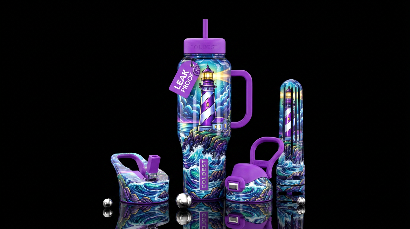 Shiny purple/white lighthouse, rocks, waves, light... water bottle design