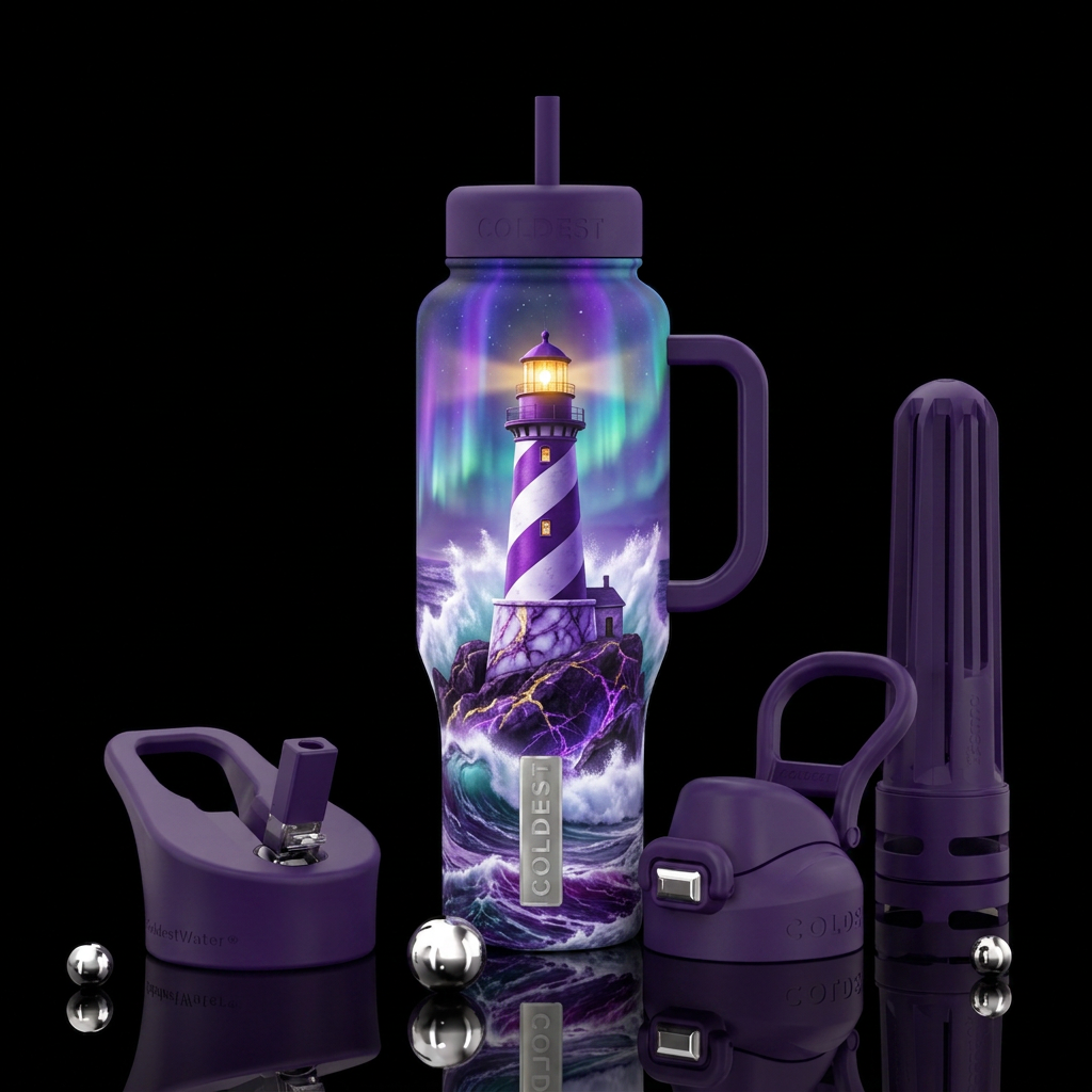 Shiny purple/white lighthouse, rocks, waves, light... water bottle design
