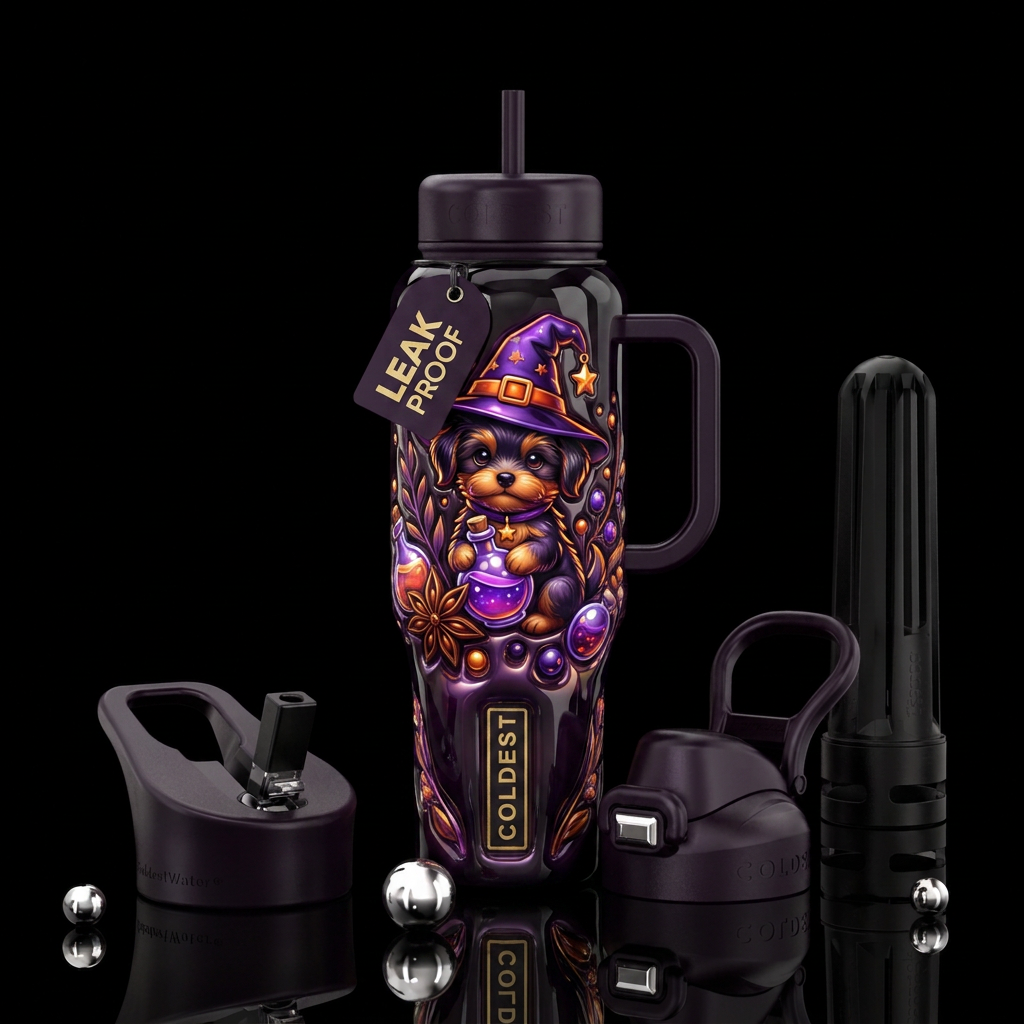 Witch puppy, hat, potion, shiny water bottle design