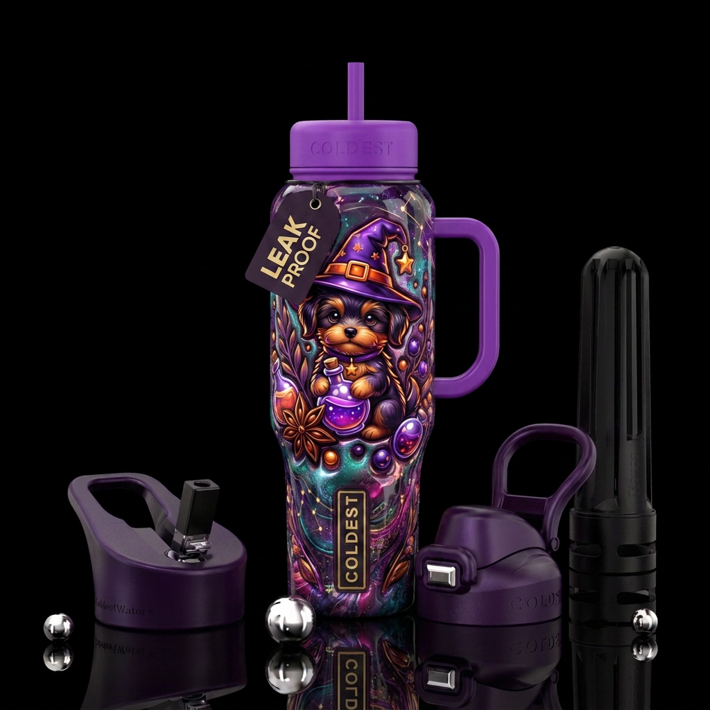 Witch puppy, hat, potion, shiny water bottle design