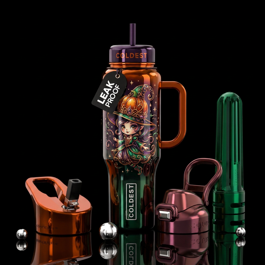 Shiny pumpkin witch water bottle design
