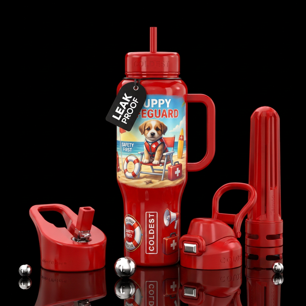 Puppy lifeguard,  safety first,  shiny water bottle design