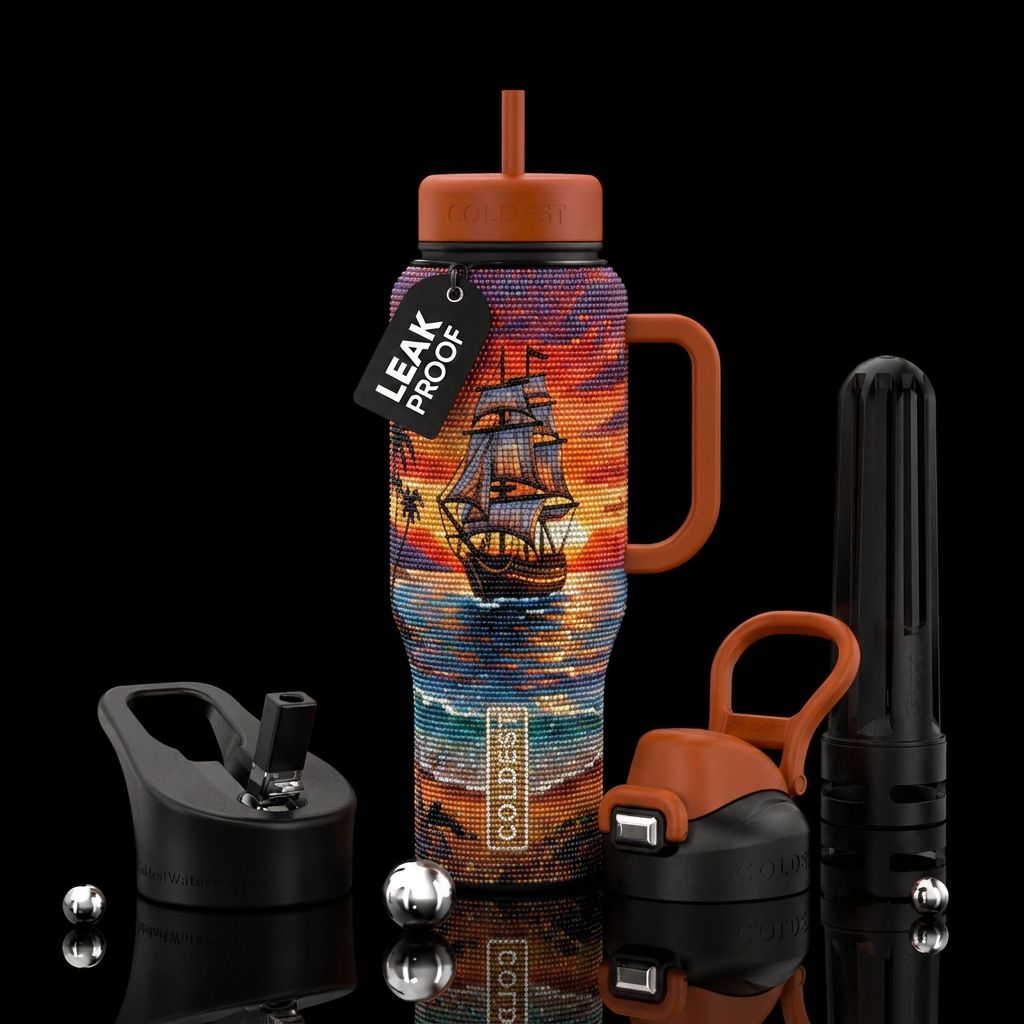 Shiny Beaded ship, beach, sunset, water bottle design