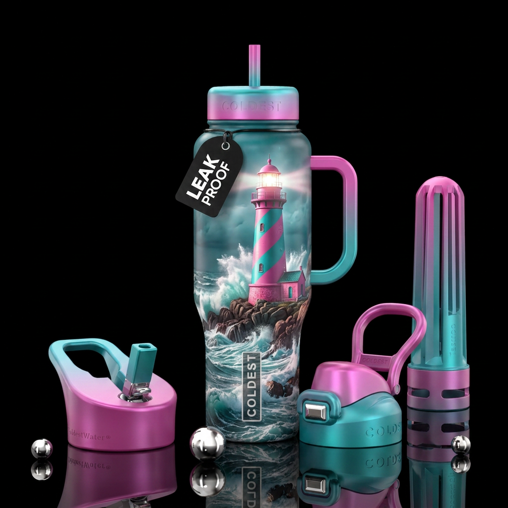 Pink & Teal lighthouse, rough waters, light, shiny water bottle design