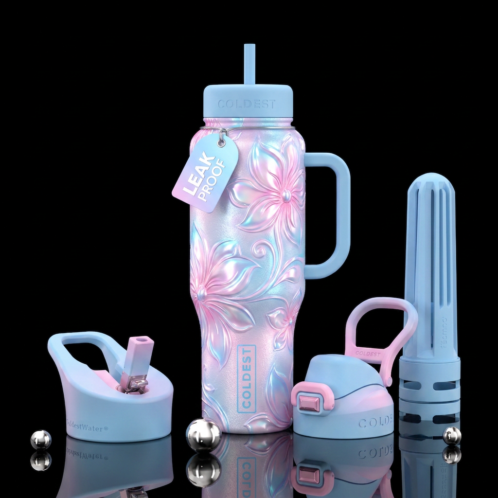 Shiny Cotton Candy flowers, water bottle design
