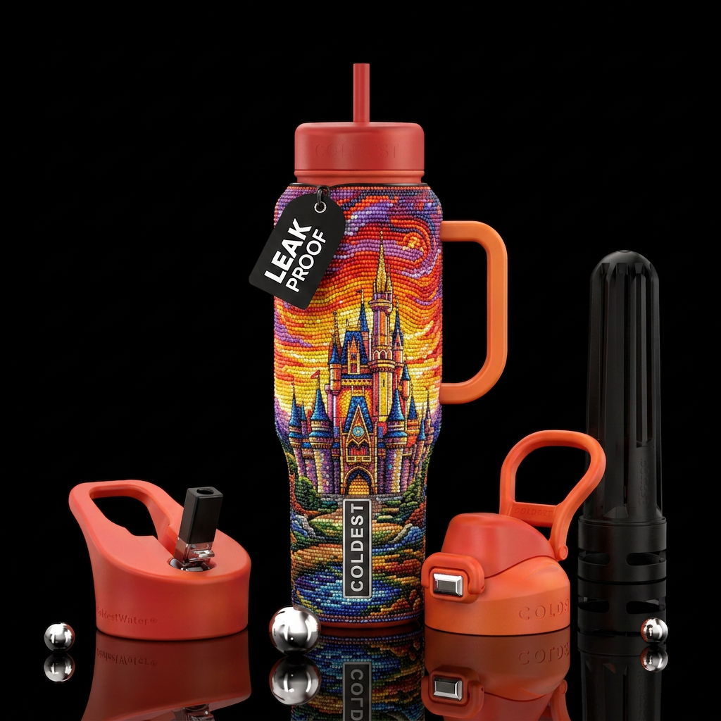 Beaded multi colored castle, Sunset, shiny water bottle design