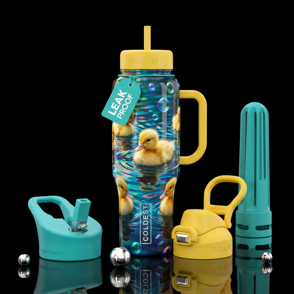 Real baby ducks, pond, colorful bubbles, shiny water bottle design