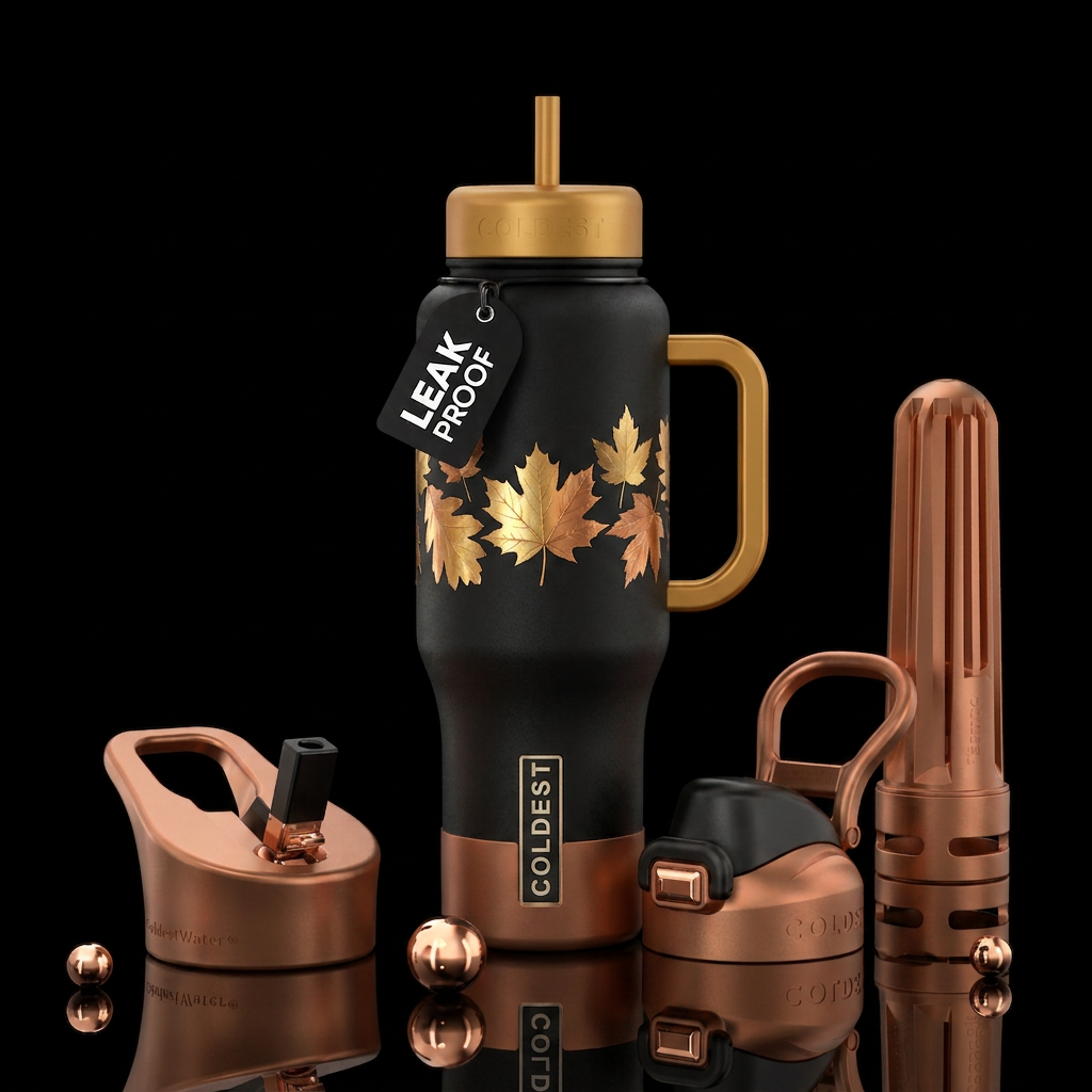 Gold & Copper Fall leaves in a row spread out water bottle design