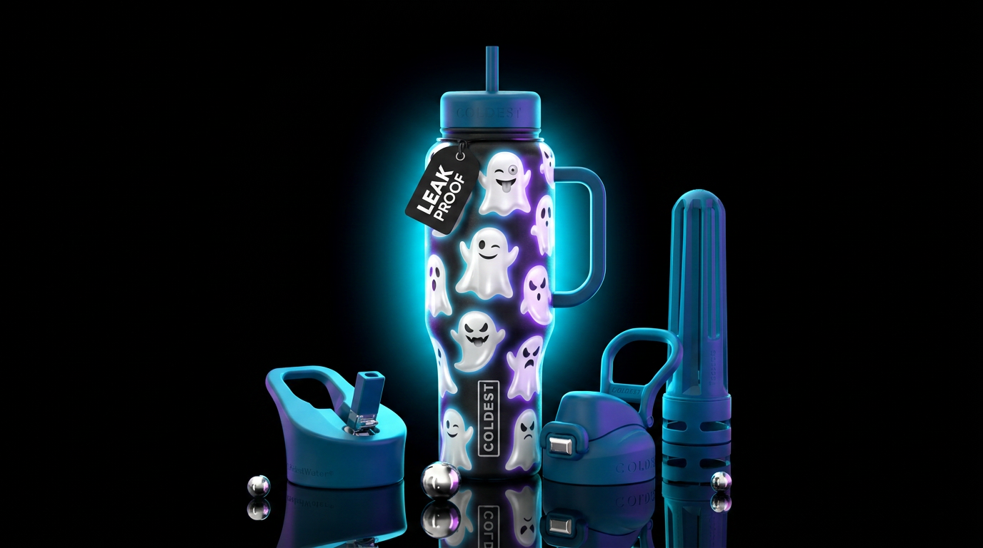 Shiny white ghost, glowie water bottle design