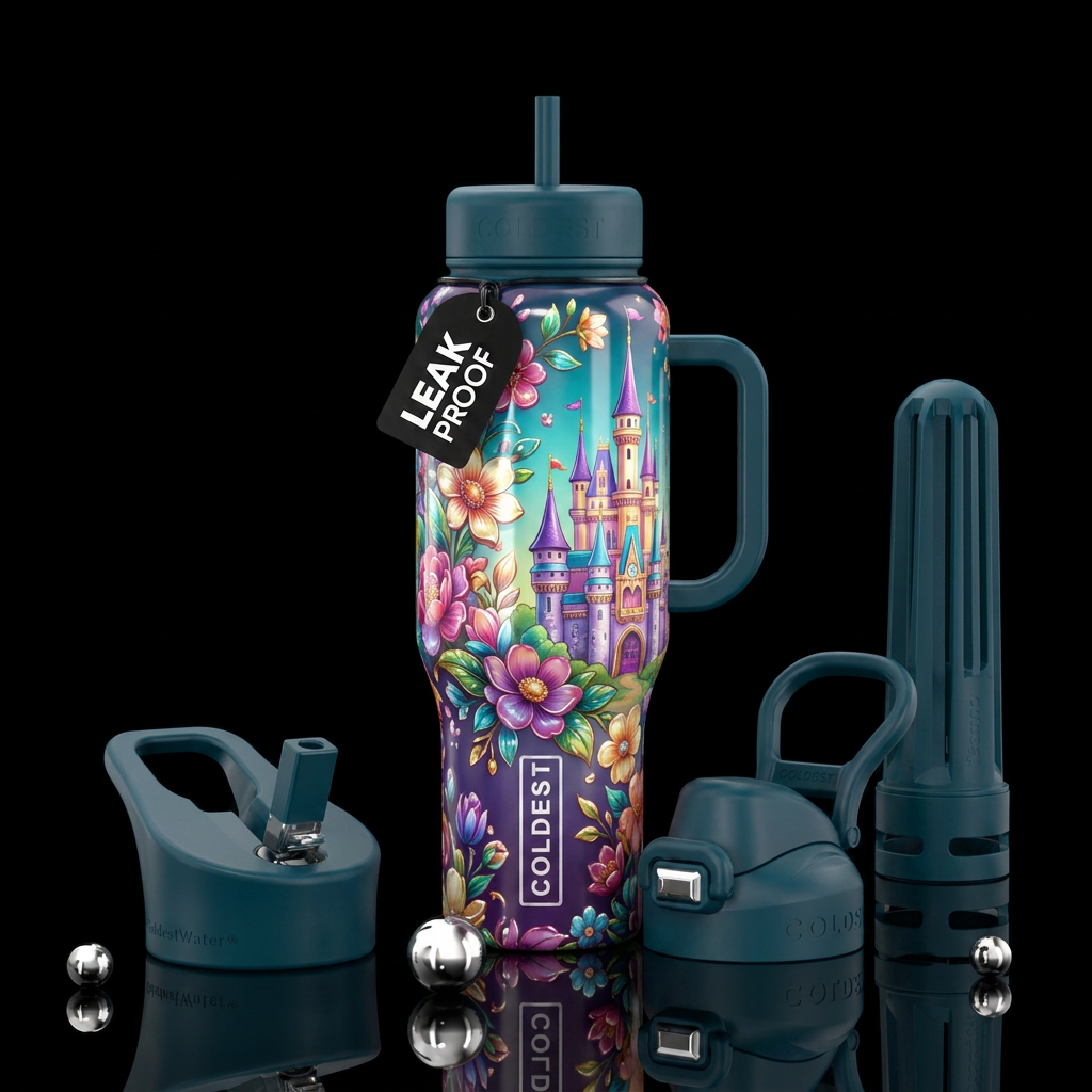 Shiny Foral & flowers w/ a colorful castle, vibran... water bottle design