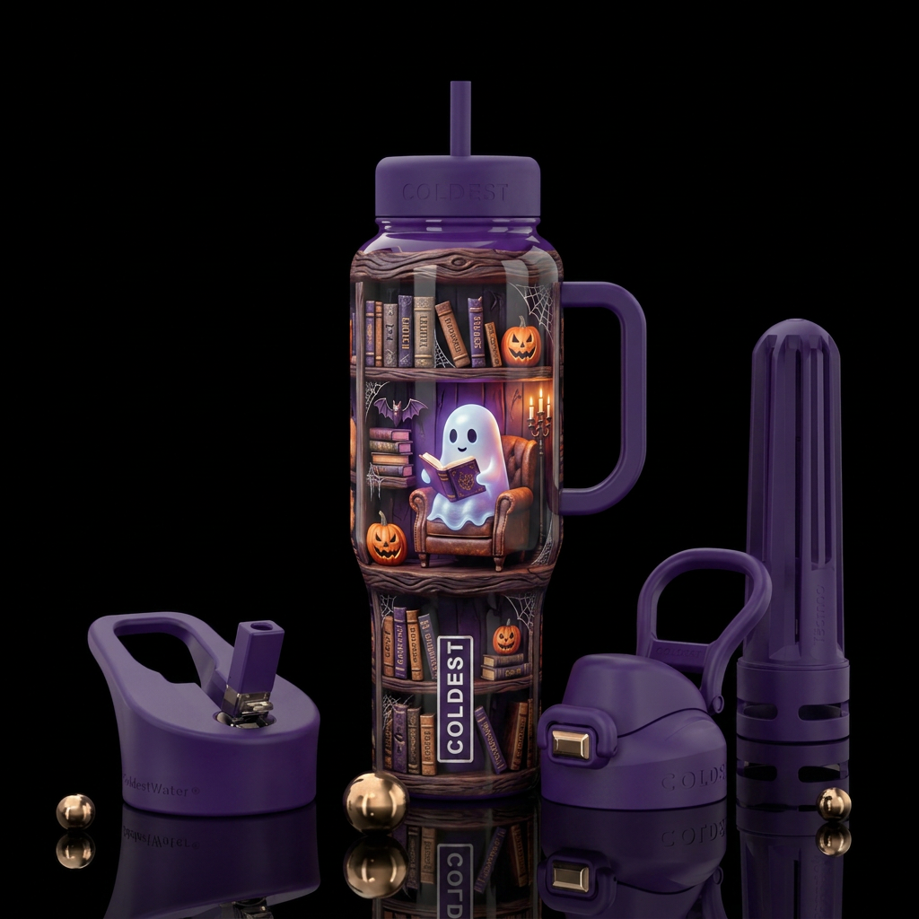Halloween library,  ghost, chair reading a book, s... water bottle design