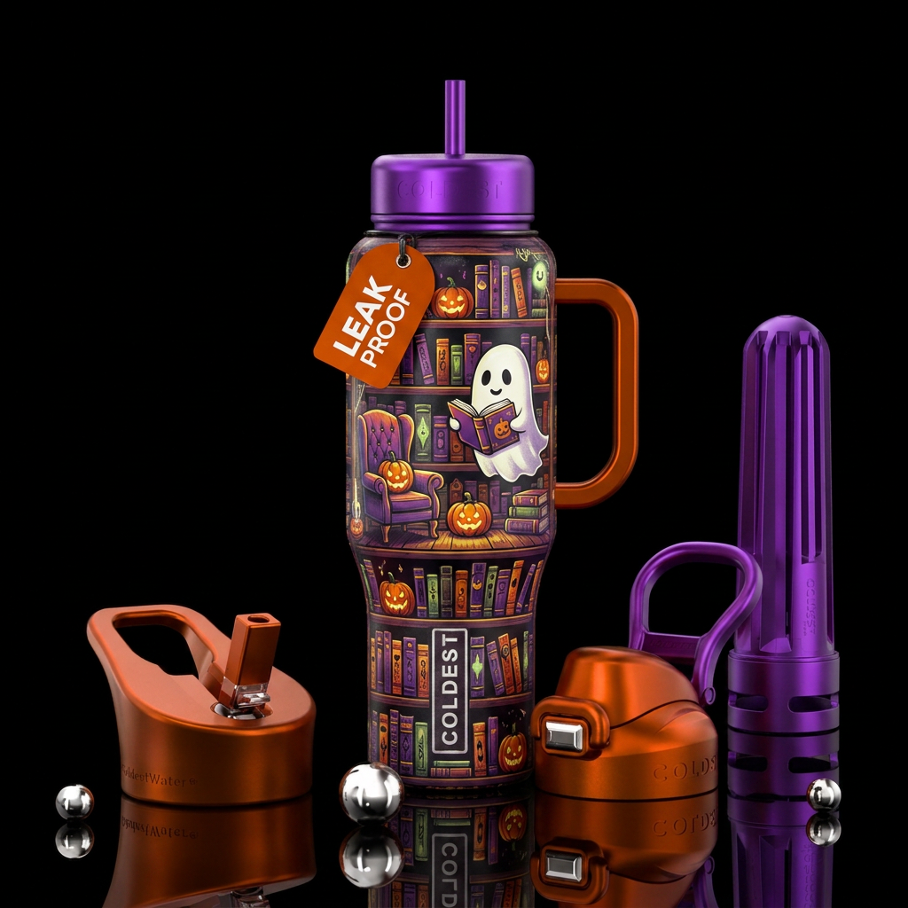 Halloween library,  ghost, chair reading a book, s... water bottle design