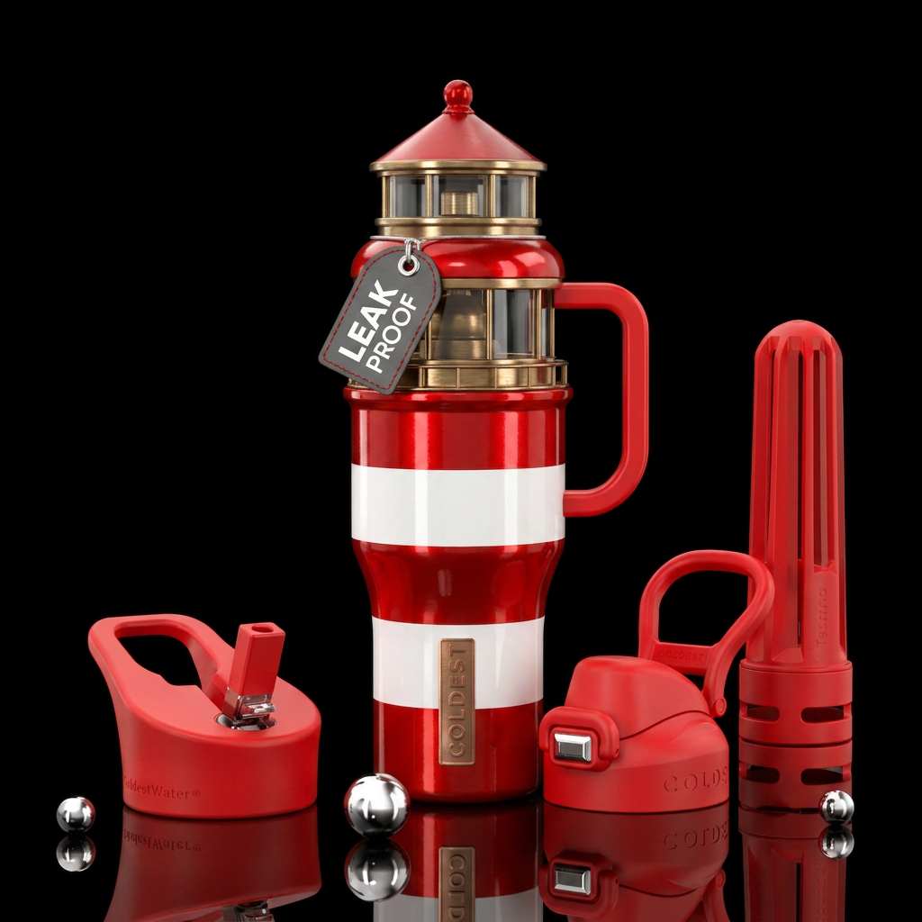 Shiny red & white lighthouse,  vibrant, beautiful water bottle design