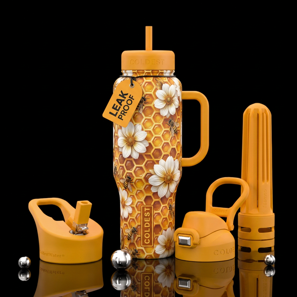 Honeycomb,  white flowers w/ bees on them water bottle design