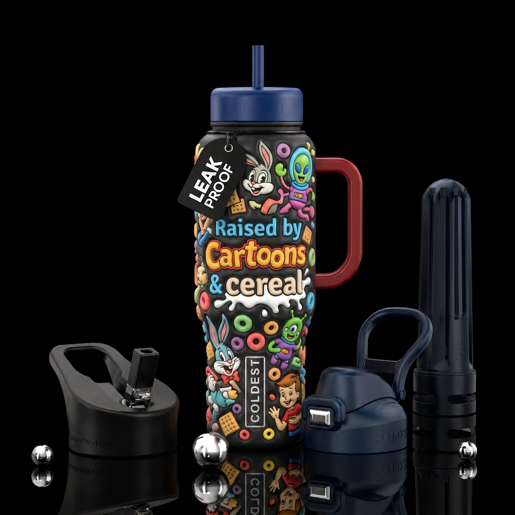Raised by Cartoons & cereal water bottle design