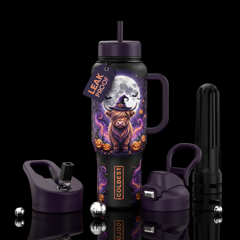 Moonlight halloween highland cow water bottle design
