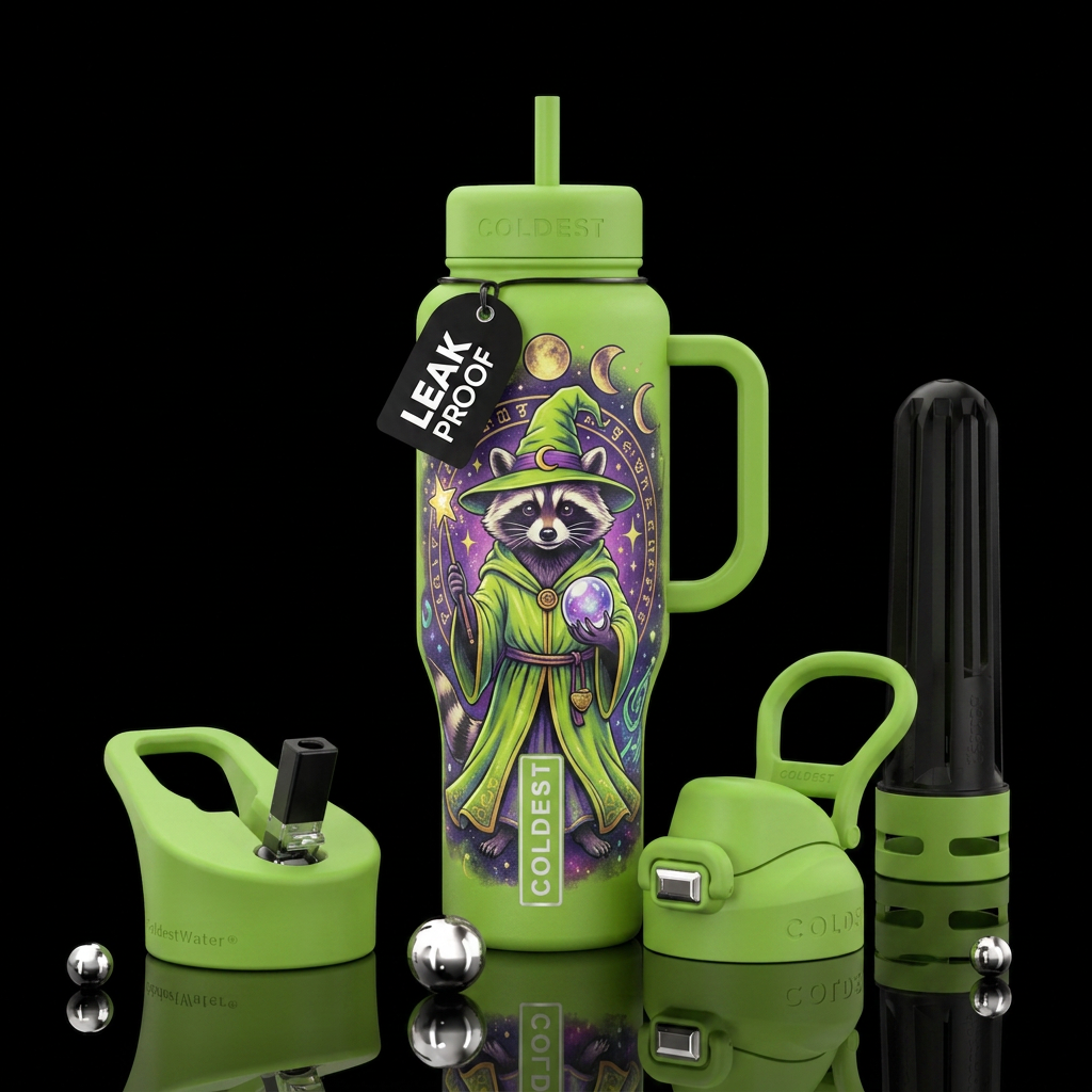 Witchy Raccoon, dressed in lime green water bottle design