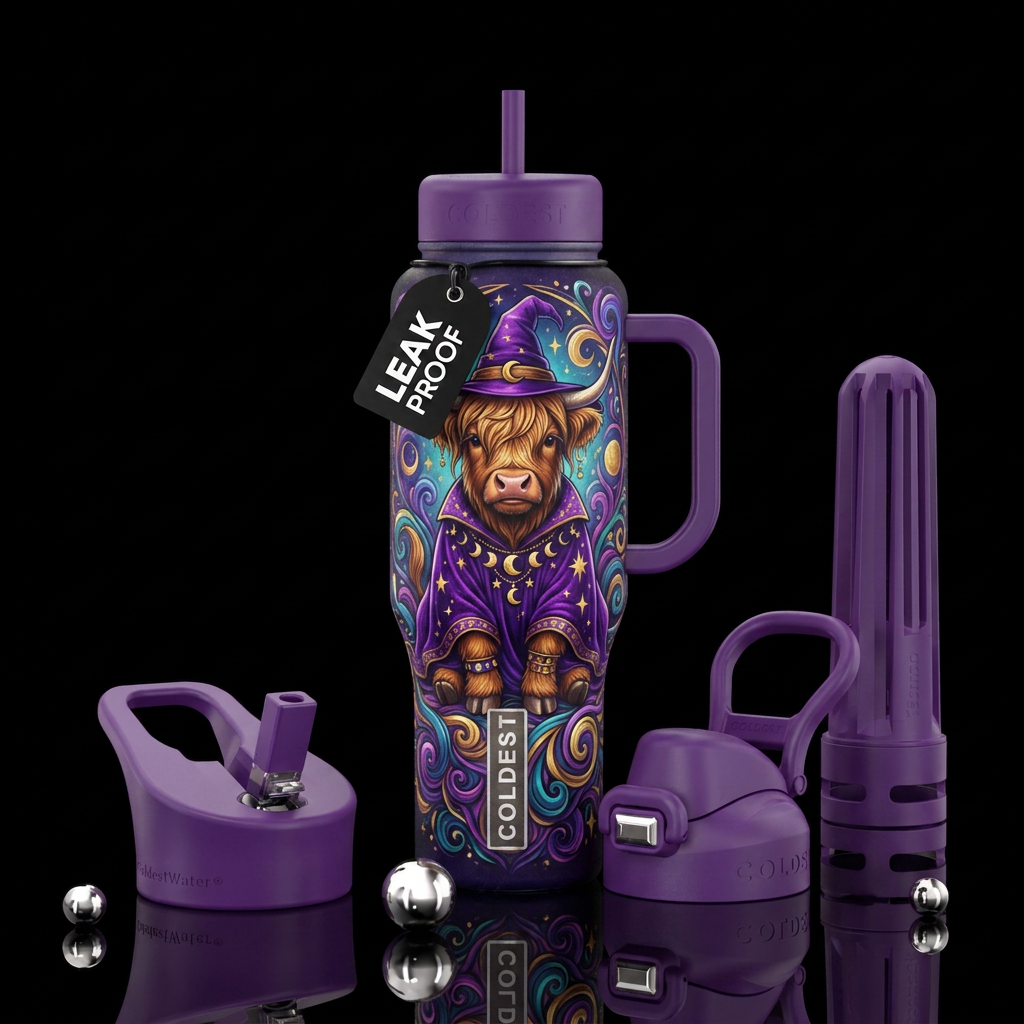 Witchy Highland Cow, Dressed in purple water bottle design