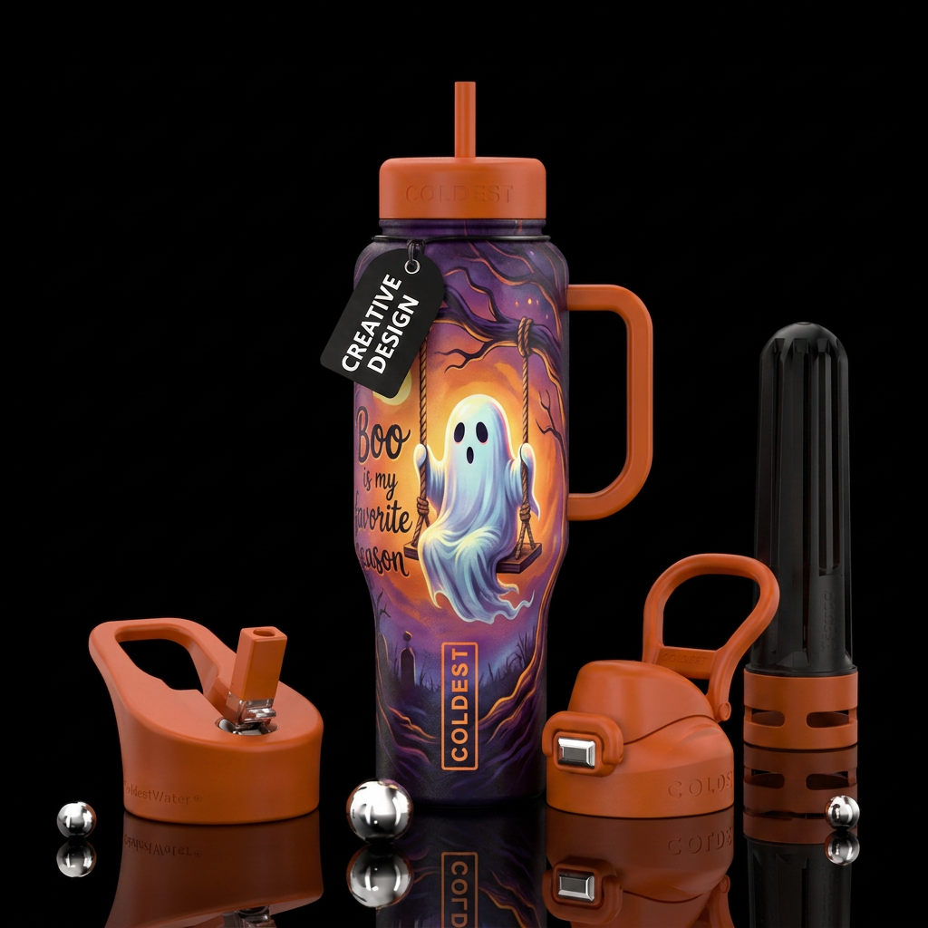 Boo is my favorite season,  ghost on swing water bottle design