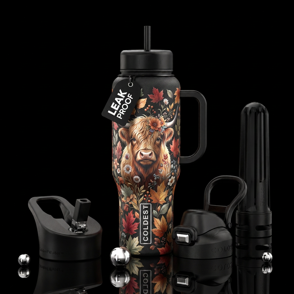Fall highland cow , leafs, flowers, shiny water bottle design