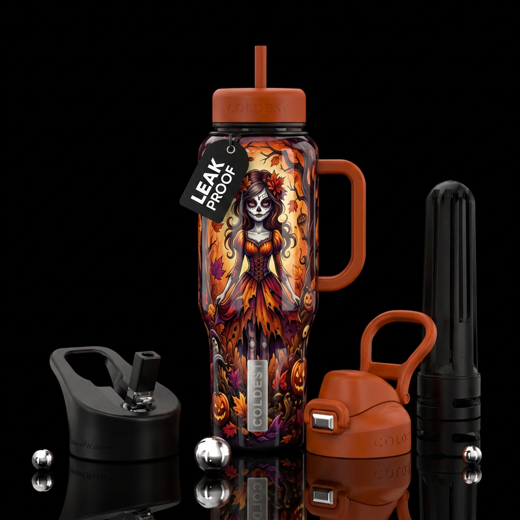 Creepy fall girl, shiny water bottle design