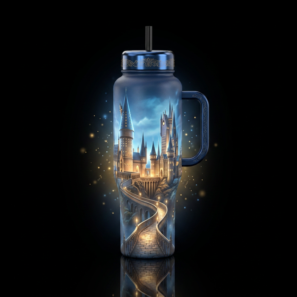 Potter world, glowing castle walkway, shiny water bottle design