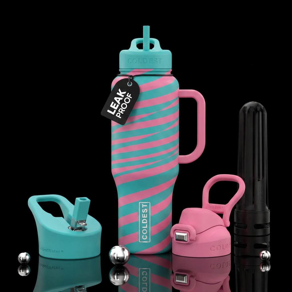 Teal, pink,  twisted horizontal water bottle design
