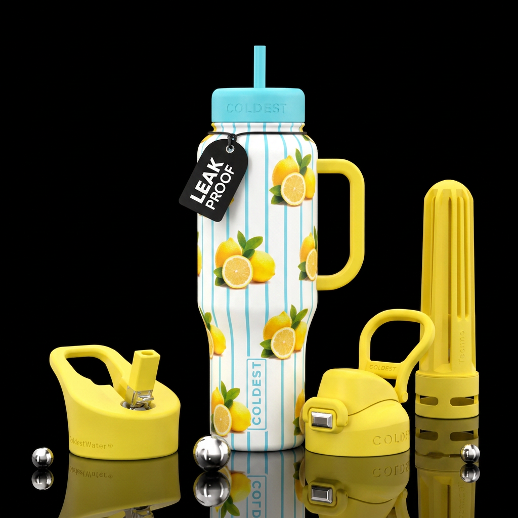 White with Light blue vertical lines with lemons water bottle design