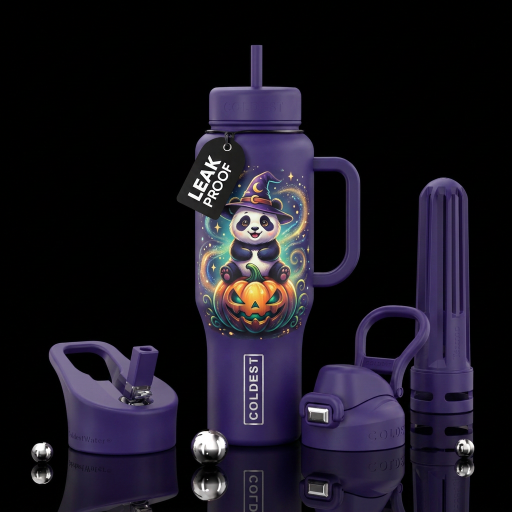 Witchy Panda, Sitting on a pumpkin,  magical dust water bottle design