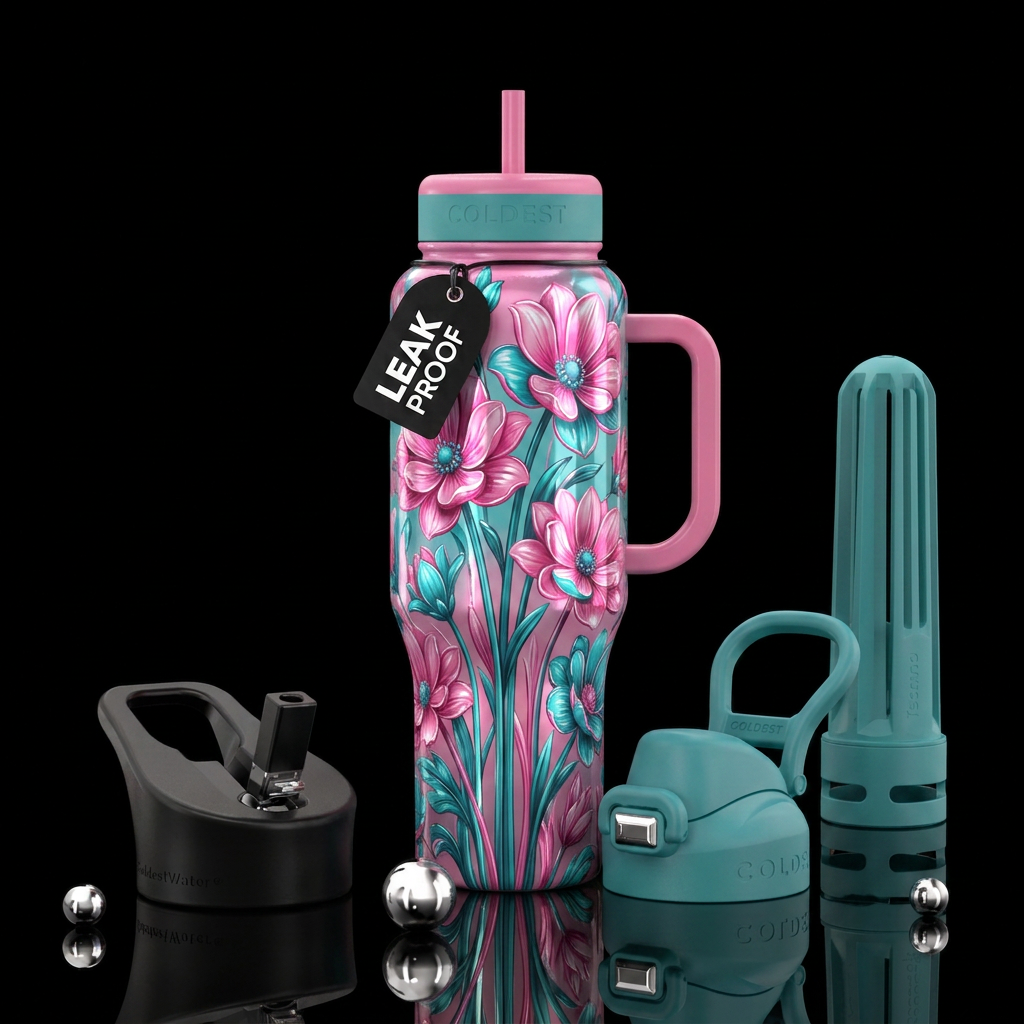 Shiny Pink & teal flowers & floral tall stems,  vi... water bottle design