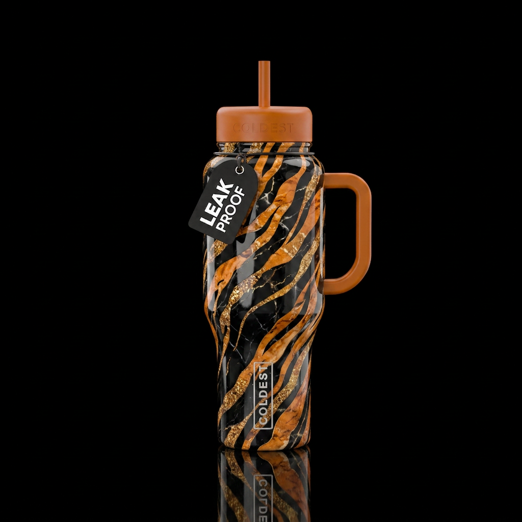 Tiger print skin marble ,shiny black & orange, water bottle design