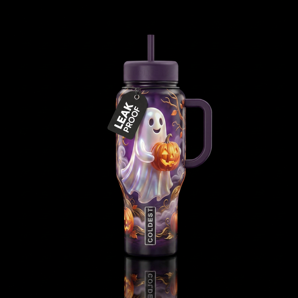 Shiny Ghost carrying a pumpkin water bottle design