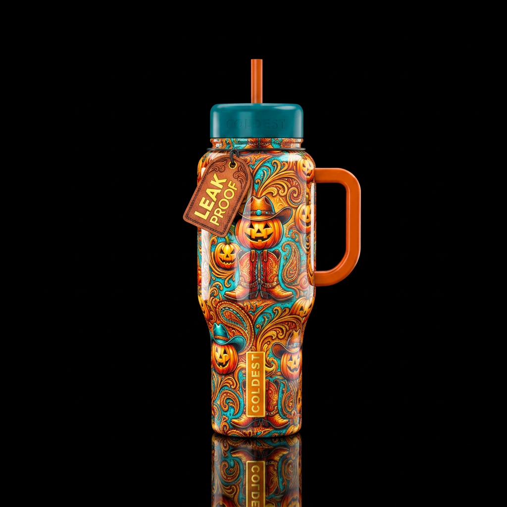 Shiny pumpkin cowboy, vibrant water bottle design