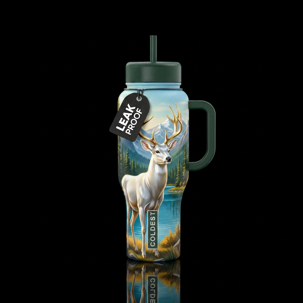 Shiny white buck gold horns, mountains,  Lake, tre... water bottle design