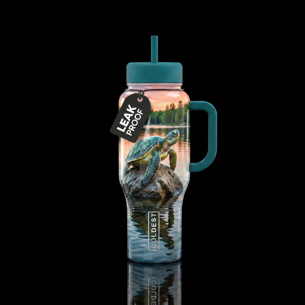 Shiny Sea turtle,middle of lake, rock, Looking aro... water bottle design