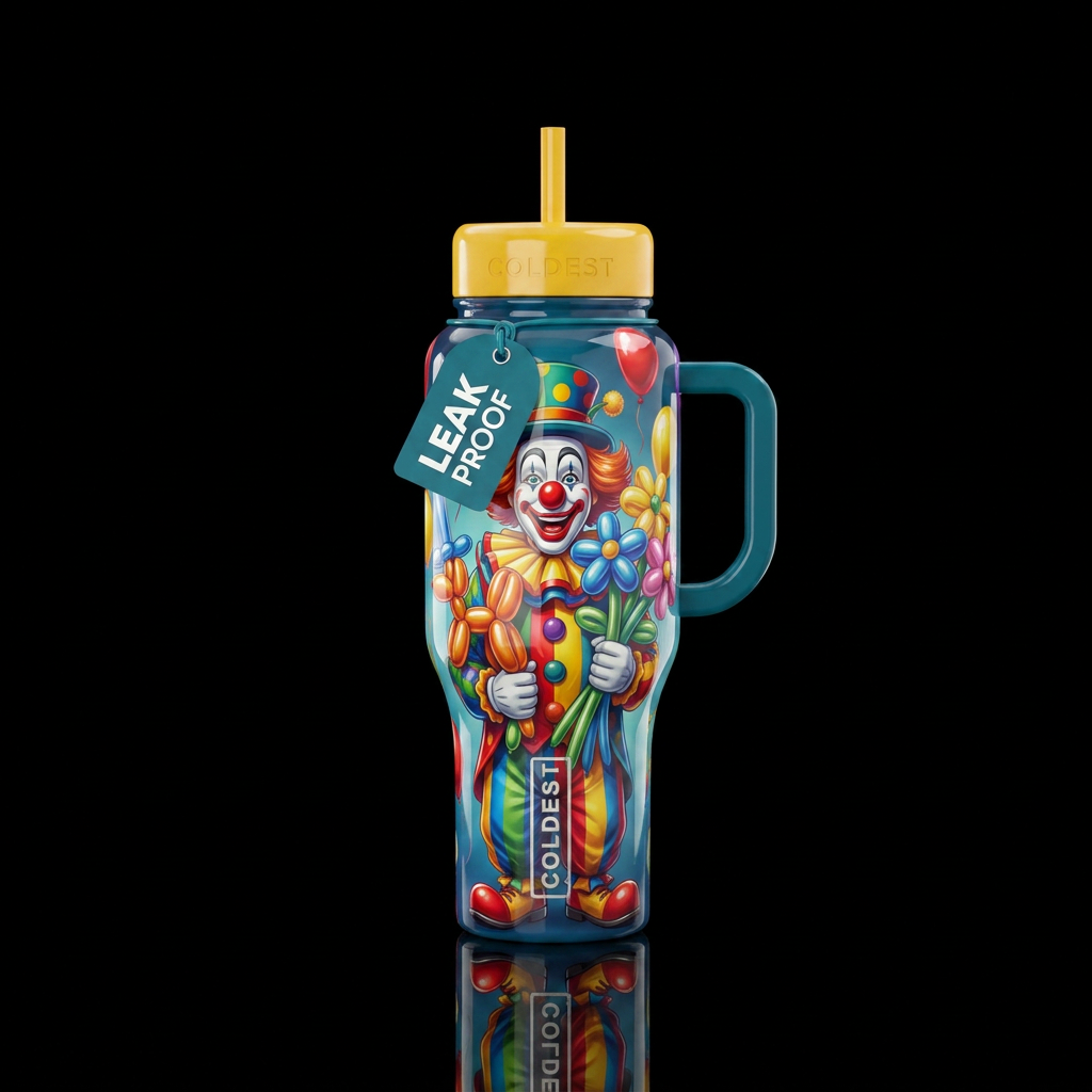 A shiny clown holding balloon animals water bottle design
