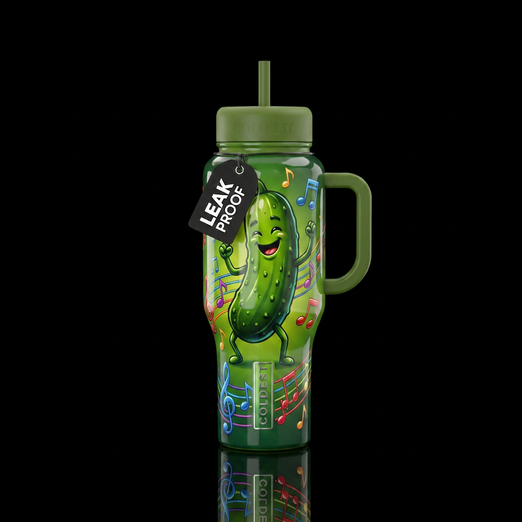 Shiny dancing pickle, music notes, colorful water bottle design