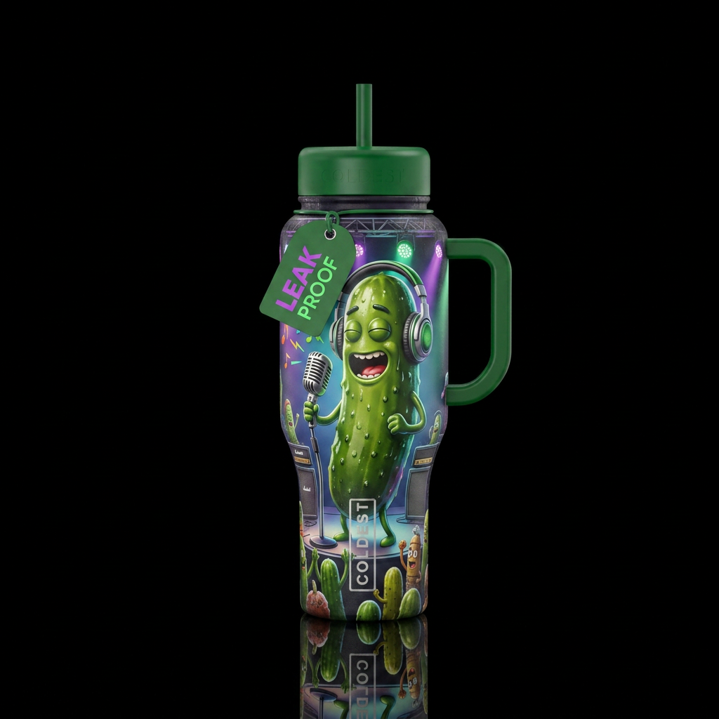 A shiny singing pickle w/ headphones & microphone water bottle design