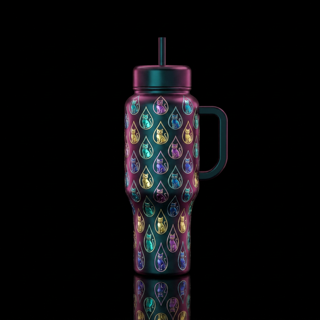 Shiny cats in tear drops, water bottle design