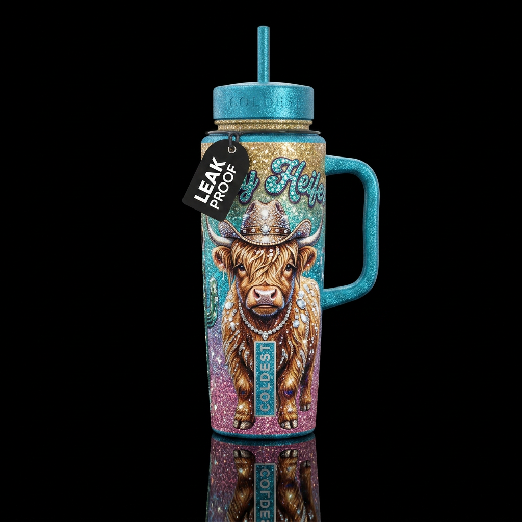 Highland cow with hat, blingy,  Salty Heifer water bottle design