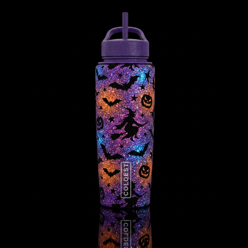 Glitter Halloween,  bats & witches water bottle design